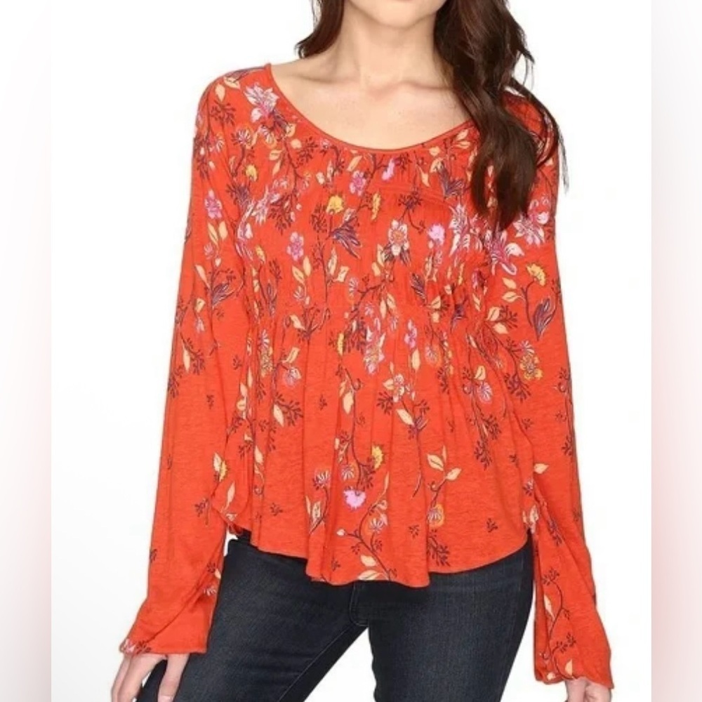 Free People Orange Floral Patterned Flowy Scoop Neck  Blouse - Size M
